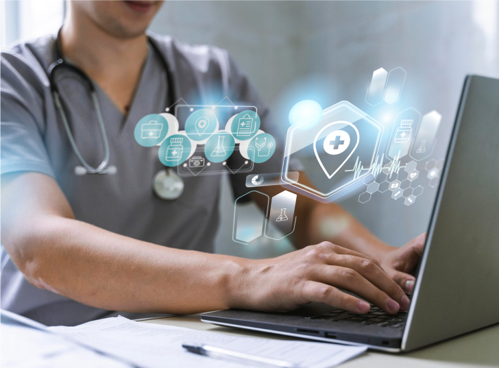 Image representing the healthcare sector with medical symbols and stethoscope