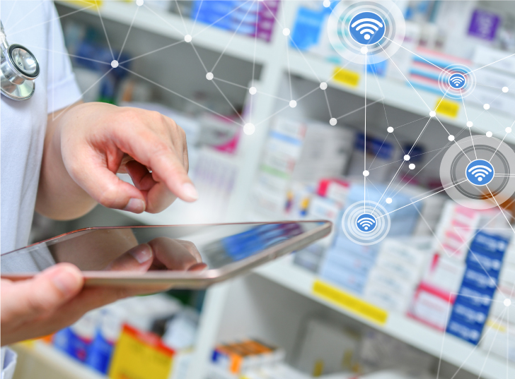 Image representing the pharmacy industry with pills and pharmacy symbols
